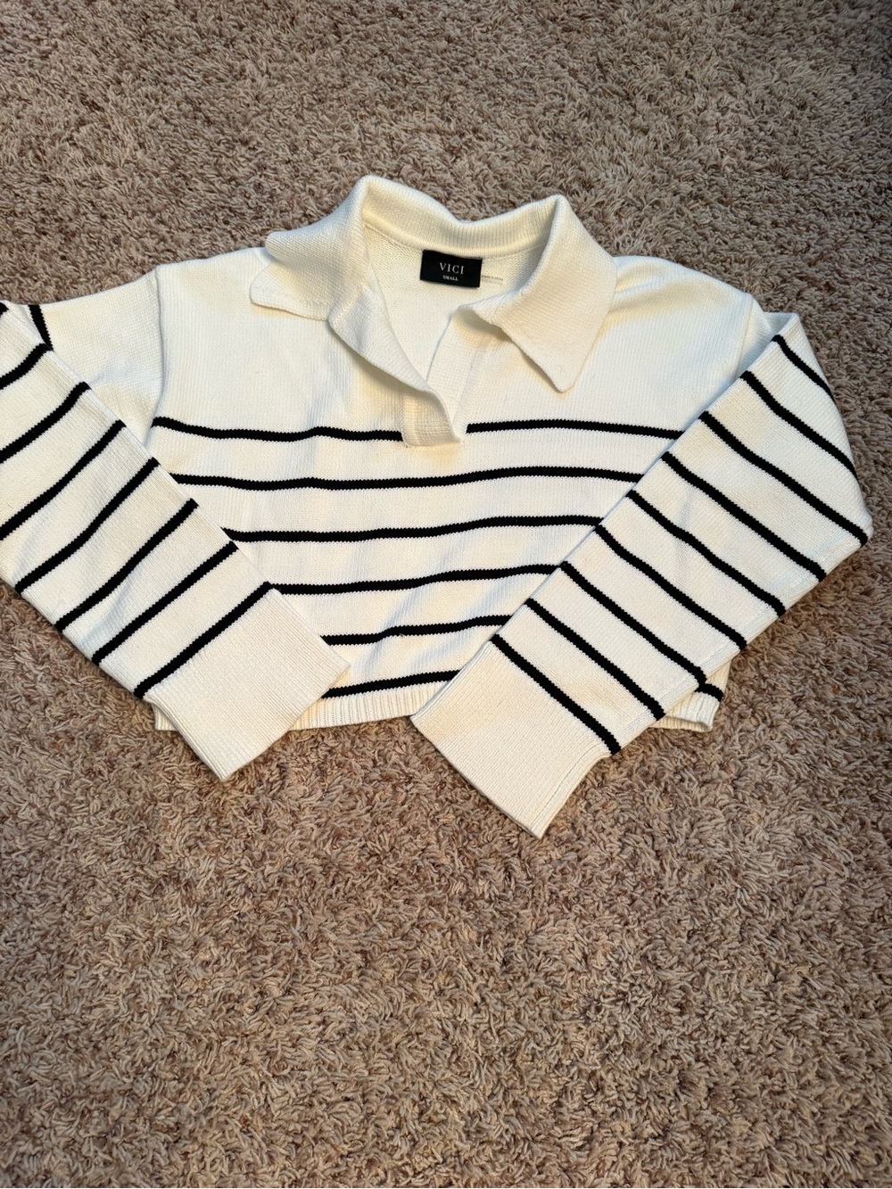 VICI Cream Collared Cropped Sweater with Black Stripes